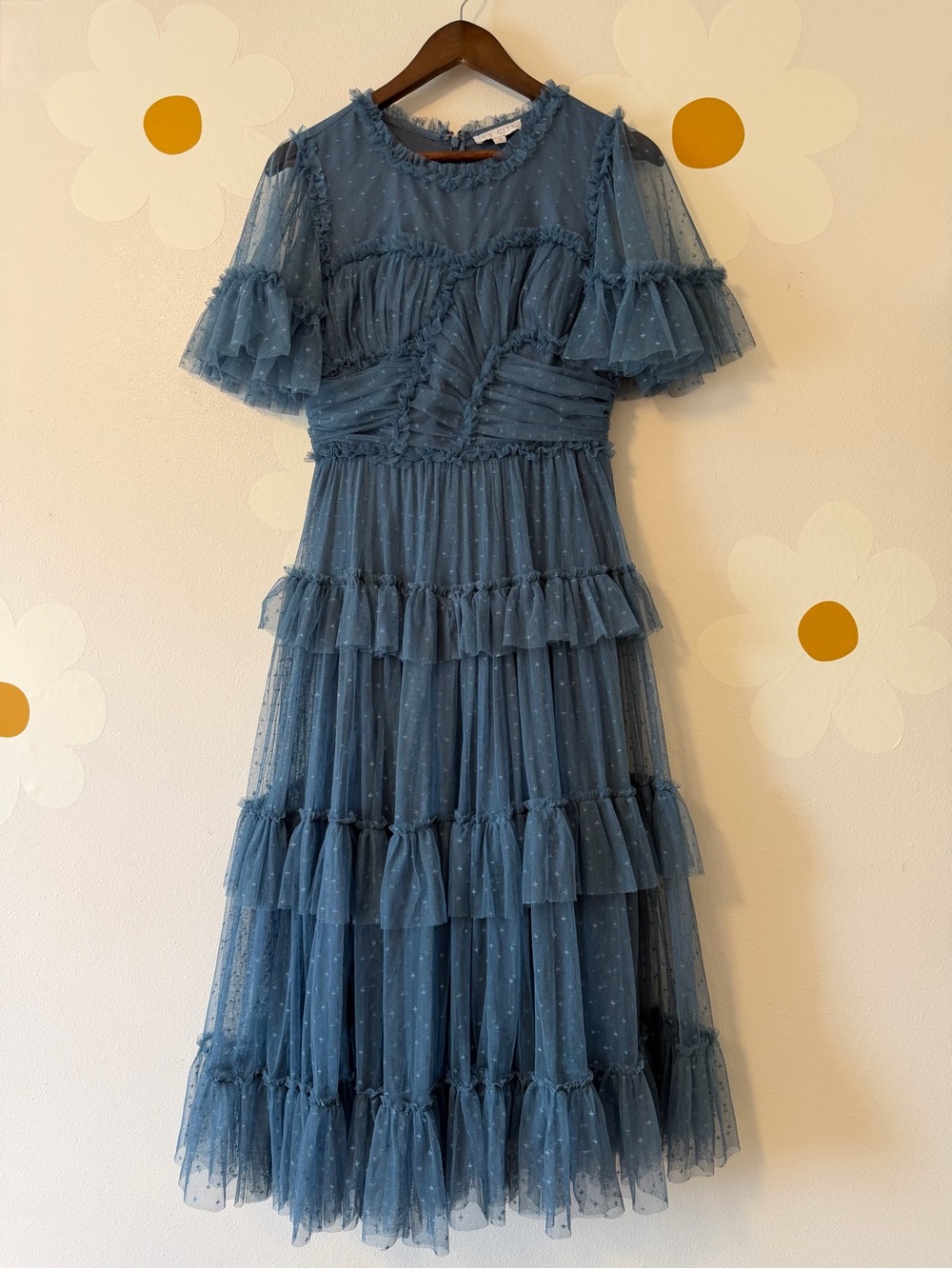Ivy City Co Slate Blue Whimsical Ruffled Tulle Midi Formal Dress - Picture 5 of 14